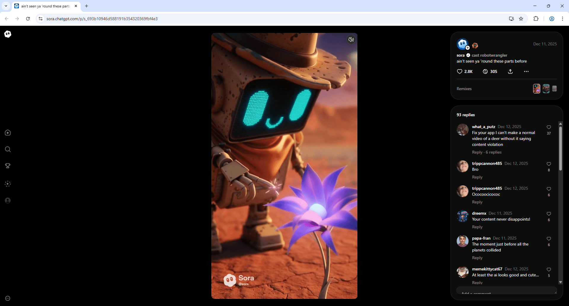 Screenshot showing how to copy a Sora video share link